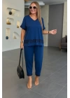 Kadın Kısa Kollu V Yakalı Pul Payetli Viskon Iki Iplik Bluz Ve Pantolon Ikili Takım