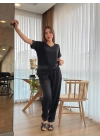Kadın Kısa Kollu V Yakalı Pul Payetli Viskon Iki Iplik Bluz Ve Pantolon Ikili Takım
