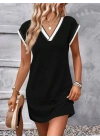 Kadın Kısa Kollu V Yakalı Ribanalı Modal Mini Elbise