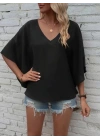 Kadın Kısa Kollu V Yakalı Salaş Viskon Bluz