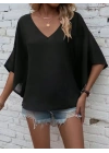Kadın Kısa Kollu V Yakalı Salaş Viskon Bluz