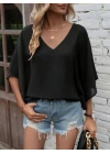 Kadın Kısa Kollu V Yakalı Salaş Viskon Bluz