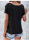 Kadın Kısa Kollu V Yakalı şerit Detaylı Viskon Bluz