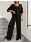 Kadın Kısa Kollu V Yakalı Viskon Bluz Ve Pantolon Ikili Takım