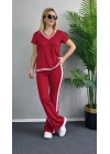 Kadın Kısa Kollu V Yakalı Viskon Iki Iplik Bluz Ve Pantolon Ikili Takım