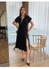 Kadın Kısa Kollu Yakadan Ve Etekten Fermuarlı Midi Viskon Iki Iplik Elbise