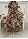 Kadın Kısa Kollu Yakalı Belden Kuşaklı Leopar Desenli Midi Süprem Elbise