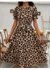 Kadın Kısa Kollu Yakalı Belden Kuşaklı Leopar Desenli Midi Süprem Elbise