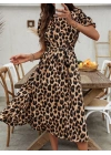 Kadın Kısa Kollu Yakalı Belden Kuşaklı Leopar Desenli Midi Süprem Elbise