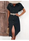 Kadın Kısa Kollu Yakalı Düğme Detay Midi Dokuma Elbise