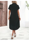 Kadın Kısa Kollu Yakalı Düğme Detay Midi Dokuma Elbise