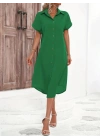 Kadın Kısa Kollu Yakalı Düğme Detay Midi Dokuma Elbise