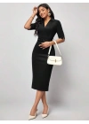 Kadın Kısa Kollu Yakalı Kruvaze Yakalı Beli Kemerli Midi Modal Elbise