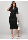 Kadın Kısa Kollu Yakalı Kruvaze Yakalı Beli Kemerli Midi Modal Elbise