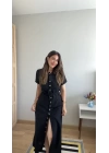 Kadın Kısa Kollu Yakalı önden Düğmeli Beli Kuşaklı Ithal Keten Elbise