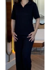 Kadın Kısa Kollu Yakalı Viskon Iki Iplik Bluz Ve Pantolon Ikili Takım