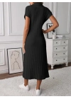 Kadın Kısa Kollu Yakalı Yandan Yırtmaçlı Kalın Fitilli Kaşkorse Elbise