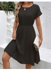 Kadın Kısa Kollu Yakası Açık Belden Lastikli Pileli Kısa Ithal Krep Elbise