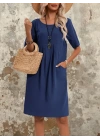 Kadın Kısa Kollu Yakası Açık önden Büzgülü Cep Detaylı Viskon Iki Iplik Elbise