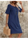 Kadın Kısa Kollu Yakası Açık önden Büzgülü Cep Detaylı Viskon Iki Iplik Elbise