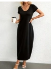 Kadın Kısa Kollu Yakası Yuvarlak Cepli Viskon Elbise