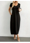 Kadın Kısa Kollu Yakası Yuvarlak Cepli Viskon Elbise