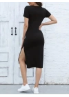 Kadın Kısa Kollu Yanı Yırtmaçlı Bisiklet Yaka Dizde Viskon Elbise