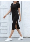 Kadın Kısa Kollu Yanı Yırtmaçlı Bisiklet Yaka Dizde Viskon Elbise