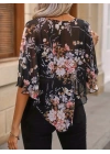 Kadın Kısa Kollu Yuvarlak Yaka çiçek Baskılı Asimetrik Kesim şifon Bluz