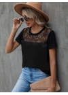 Kadın Kısa Kollu Yuvarlak Yaka ön Dantel Detaylı Viskon Bluz