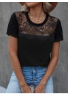 Kadın Kısa Kollu Yuvarlak Yaka ön Dantel Detaylı Viskon Bluz