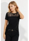 Kadın Kısa Kollu Yuvarlak Yaka ön Dantel Detaylı Viskon Bluz