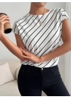 Kadın Kısa Yarasa Kollu Bisiklet Yaka çizgi Desenli Atlas Bluz