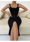 Kadın Kolsuz Askı Halka Detay önü Düğmeli Midi Boy Yırtmaçlı Fitilli Kaşkorse Elbise