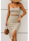 Kadın Kolsuz Askılı Crop Yırtmaçlı Midi Etek Fitilli Kaşkorse Takım