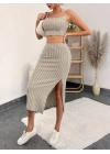 Kadın Kolsuz Askılı Crop Yırtmaçlı Midi Etek Fitilli Kaşkorse Takım