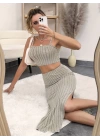 Kadın Kolsuz Askılı Crop Yırtmaçlı Midi Etek Fitilli Kaşkorse Takım