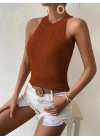 Kadın Kolsuz Halter Yaka Mini Baklava Desenli Triko Bluz
