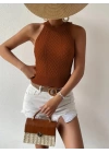 Kadın Kolsuz Halter Yaka Mini Baklava Desenli Triko Bluz