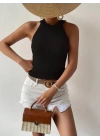 Kadın Kolsuz Halter Yaka Mini Baklava Desenli Triko Bluz