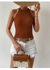 Kadın Kolsuz Halter Yaka Mini Baklava Desenli Triko Bluz