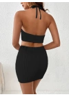 Kadın Kolsuz Mini Erer Crop Ikili Triko Takım