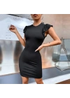 Kadın Kolsuz Omzu Volanlı Bisiklet Yaka Kaşkorse Mini Elbise