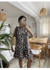Kadın Kolsuz Sırttan Bağlamalı Fırfırlı Leopar Desenli Süprem Elbise
