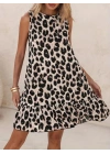 Kadın Kolsuz Sırttan Bağlamalı Fırfırlı Leopar Desenli Süprem Elbise