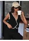 Kadın Kolsuz V Yakalı Düğmeli Ithal Krep Yelek Ve Pantolon Ikili Takım