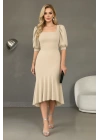 Kadın Krep Kumaş Kare Yaka Balon Kol Balık Model Midi Boy Elbise