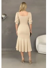 Kadın Krep Kumaş Kare Yaka Balon Kol Balık Model Midi Boy Elbise