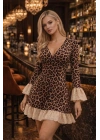 Kadın Kruvaze Yaka Dantel Volan Detay Leopar Baskılı Mini Elbise