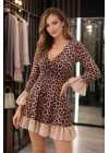 Kadın Kruvaze Yaka Dantel Volan Detay Leopar Baskılı Mini Elbise